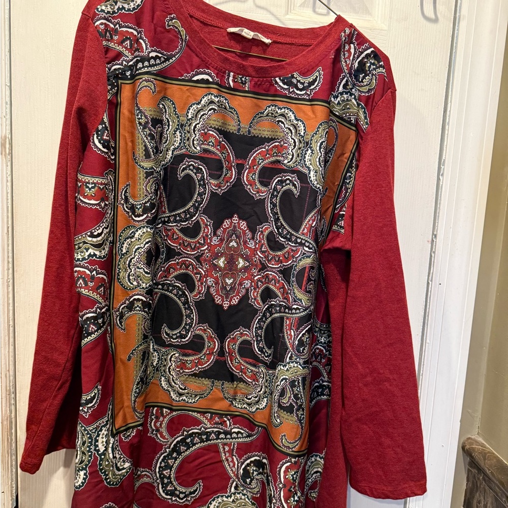 Red Graphic Long Sleeve Blouse